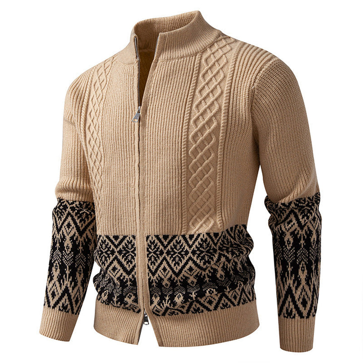 Men's High-Quality Norwegian Zip Cardigan with Cable Pattern and Stand-Up Collar Hudson & Parker