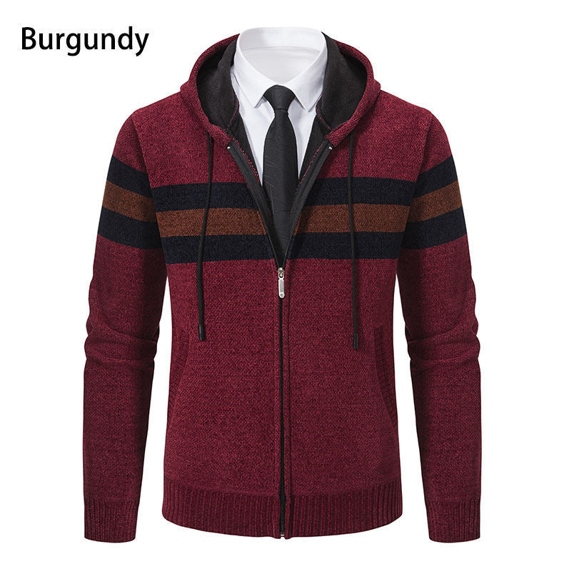 Men's hooded sweater jacket with full zip, contrast stripes, and side pockets Hudson & Parker