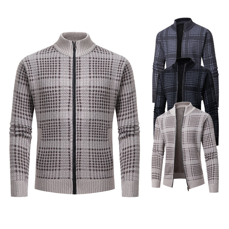 Men's fine knit zip cardigan with glencheck pattern, stand-up collar and two-way zipper Hudson & Parker