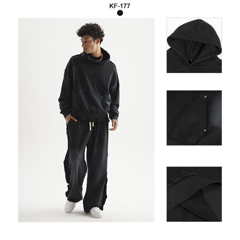 Unisex Oversized Hoodie with Frayed Hem, Kangaroo Pocket and Washed Bleach Effect Hudson & Parker