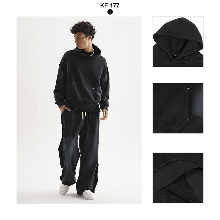 Unisex Oversized Hoodie with Frayed Hem, Kangaroo Pocket and Washed Bleach Effect Hudson & Parker