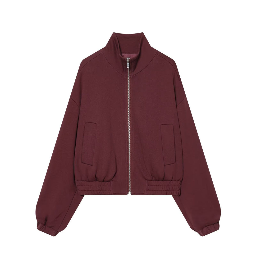 Women Cropped Sweat Bomber Jacket with High Stand-up Collar and Elastic Waistband Hudson & Parker