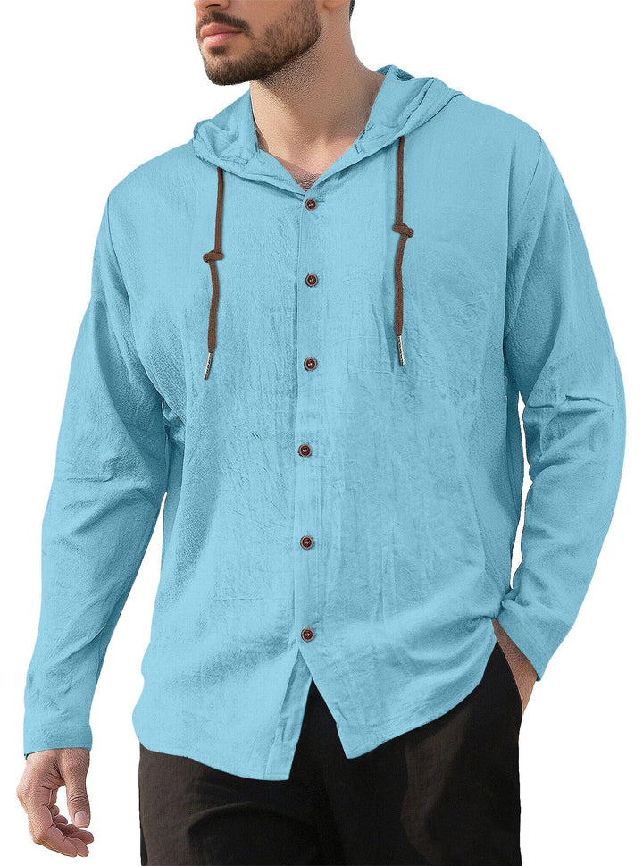 Men's textured linen blend hooded shirt with button placket, wood buttons, and side slits Hudson & Parker
