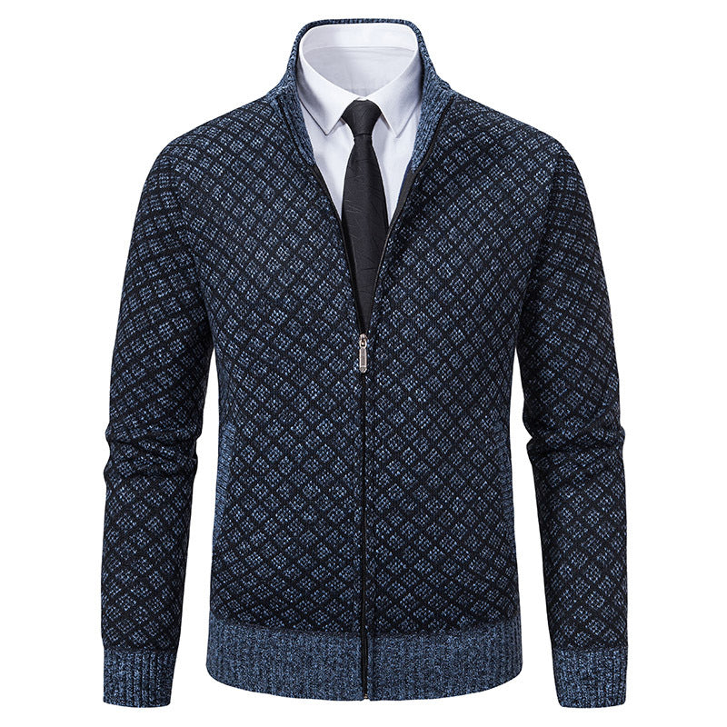 Men's Patterned Knit Zip Jacket with Stand-Up Collar, Jacquard Pattern and Ribbed Cuffs Hudson & Parker