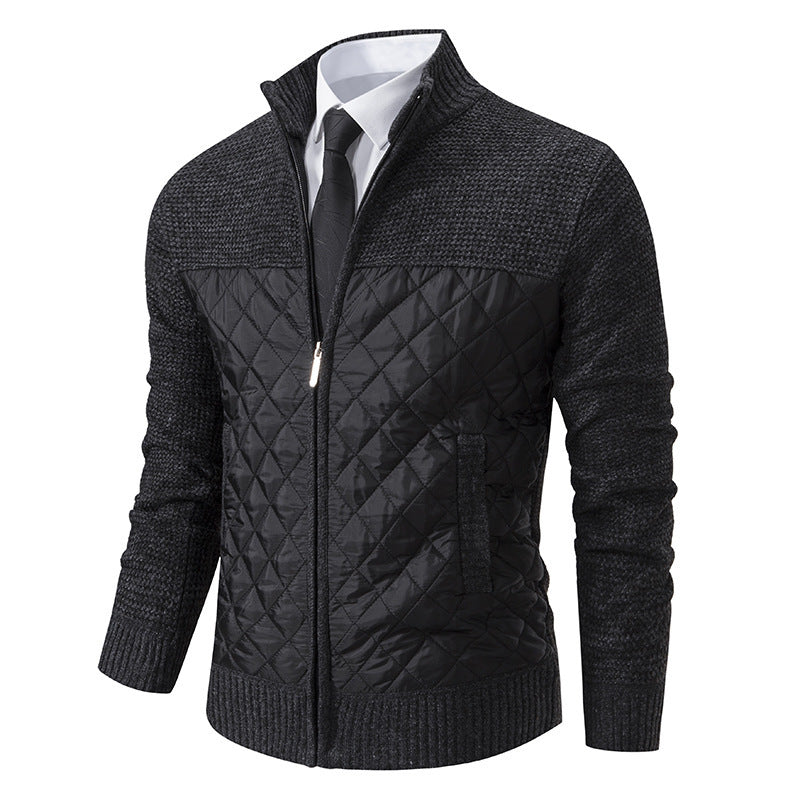 Men's hybrid knit jacket with quilted front panel, stand collar, and full zip Hudson & Parker