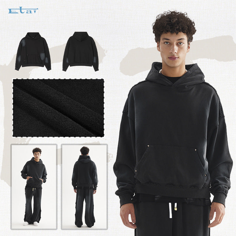 Unisex Oversized Hoodie with Frayed Hem, Kangaroo Pocket and Washed Bleach Effect Hudson & Parker