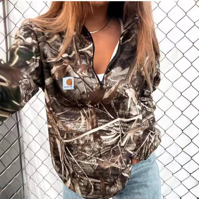 Women Camouflage Half-Zip Fleece Sweatshirt with Hood and Kangaroo Pocket Hudson & Parker