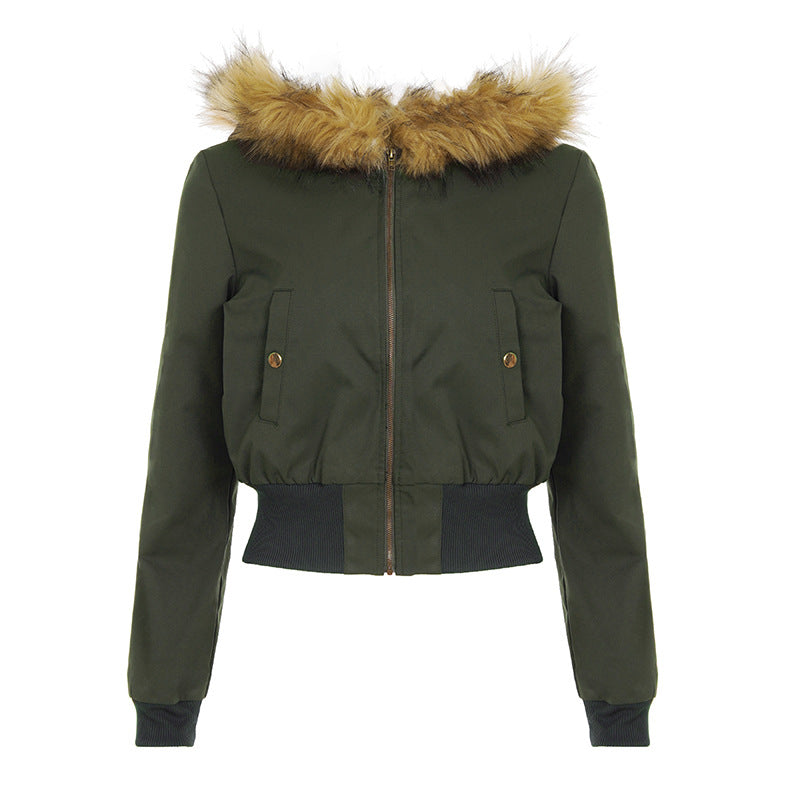 Women's short cut hoodie with faux fur hood, zipper and fitted cuff Hudson & Parker