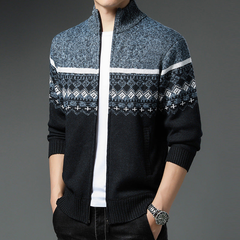 Men's Norwegian Pattern Cardigan with Full Zip and Stand-Up Collar Hudson & Parker