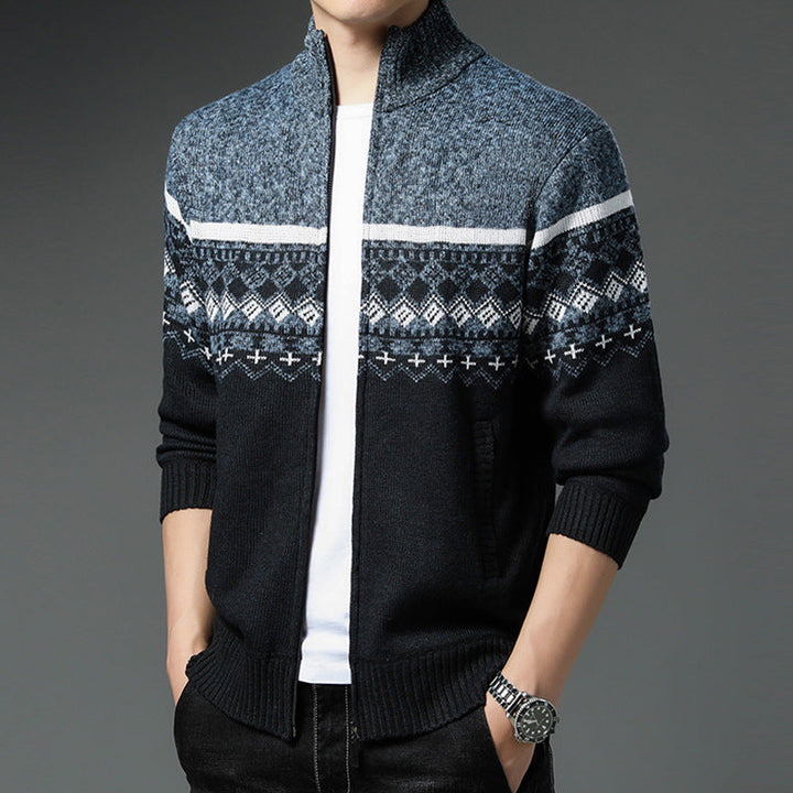 Men's Norwegian Pattern Cardigan with Full Zip and Stand-Up Collar Hudson & Parker