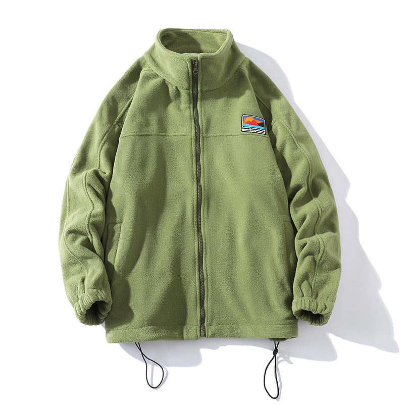 Men's fleece jacket with stand-up collar, full zip, elastic drawstring, and badge patch Hudson & Parker