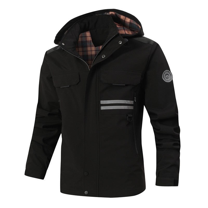 Men's Waterproof Softshell Jacket with Hood, Reflective Stripes and Checked Lining Hudson & Parker