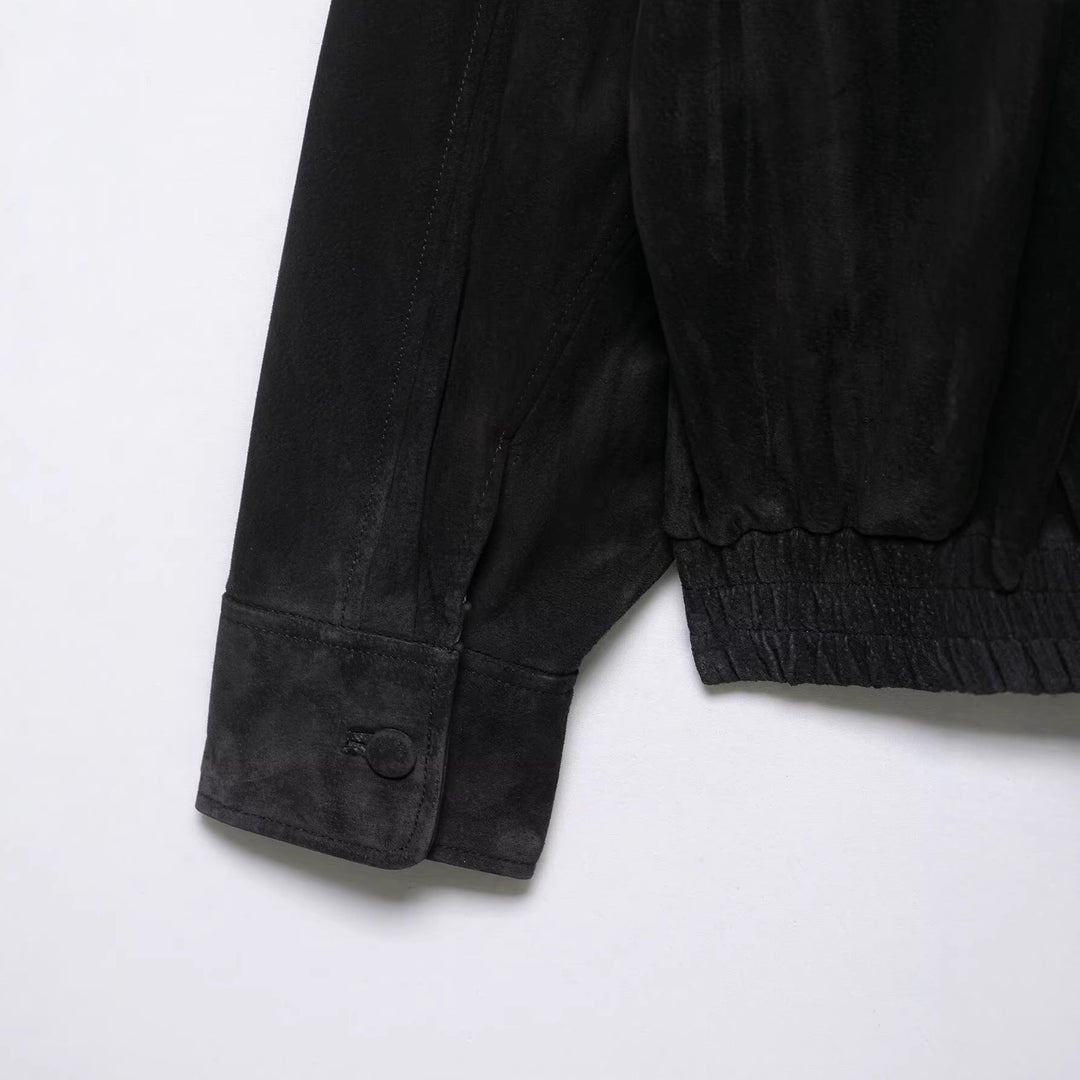 Men's suede jacket with high stand collar, asymmetrical button placket, and elastic hem Hudson & Parker