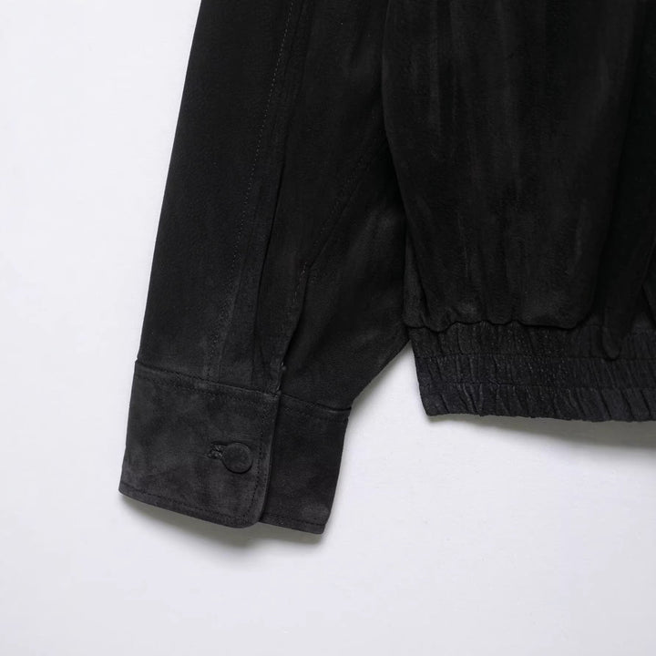 Men's suede jacket with high stand collar, asymmetrical button placket, and elastic hem Hudson & Parker