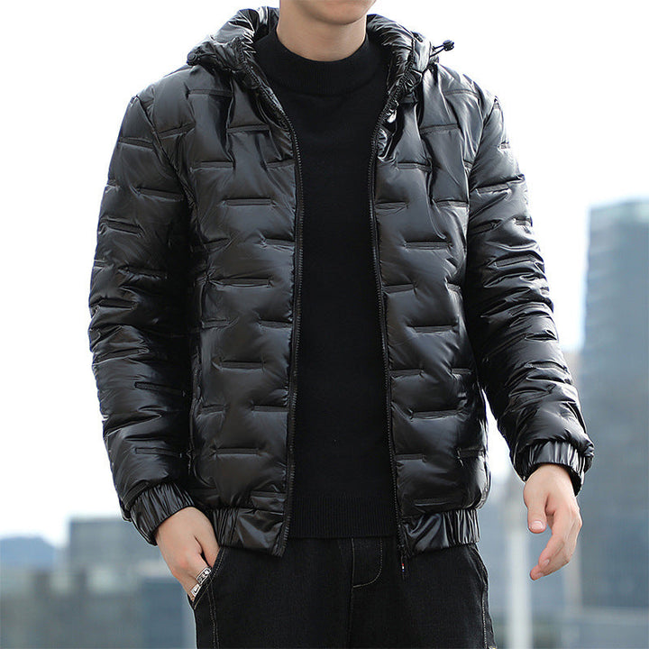 Men's Lightweight Quilted Hooded Puffer Jacket with Shiny Surface and Elastic Cuffs Hudson & Parker