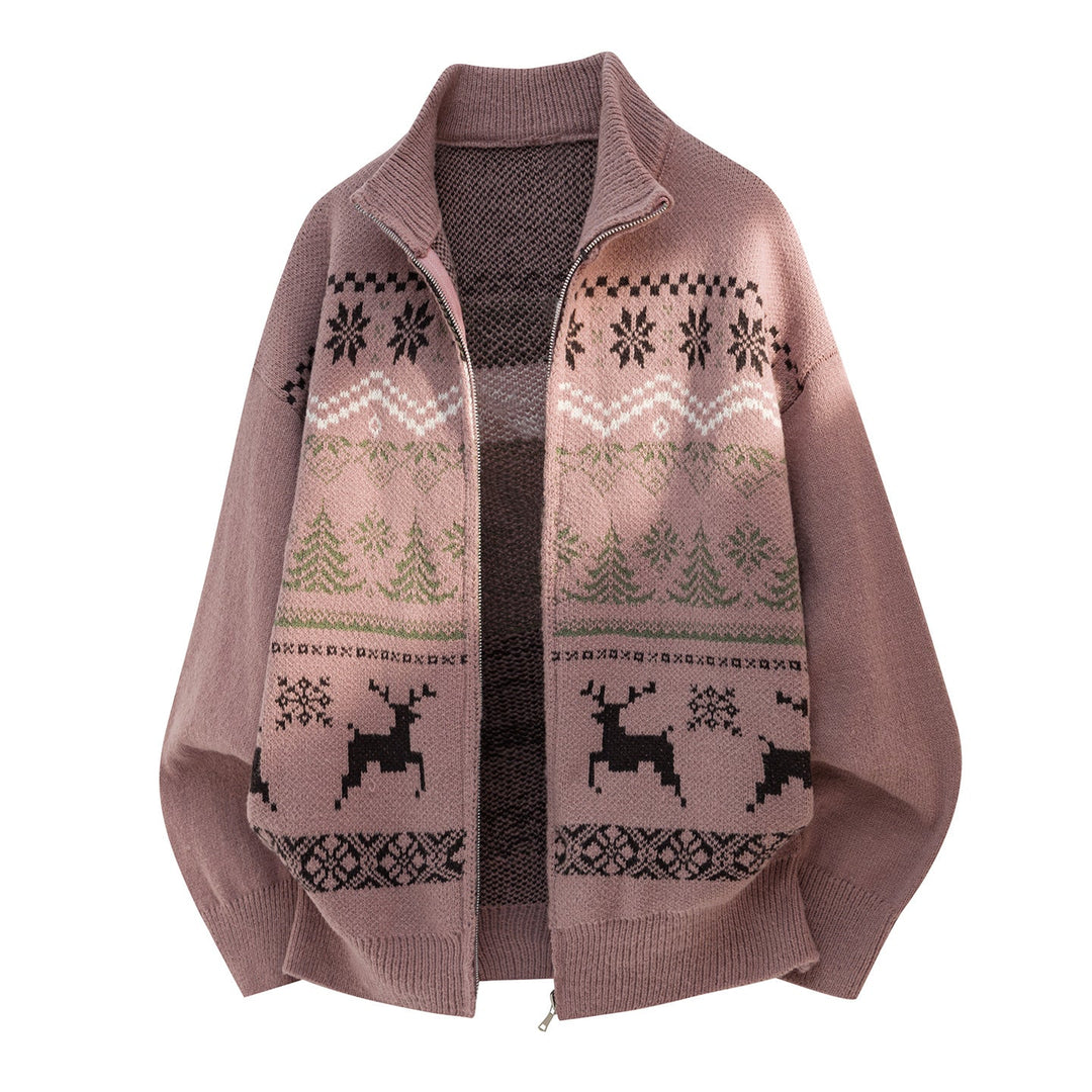 Unisex Zip Sweater Jacket in Norwegian Style with High Collar and Checkered Pattern Hudson & Parker