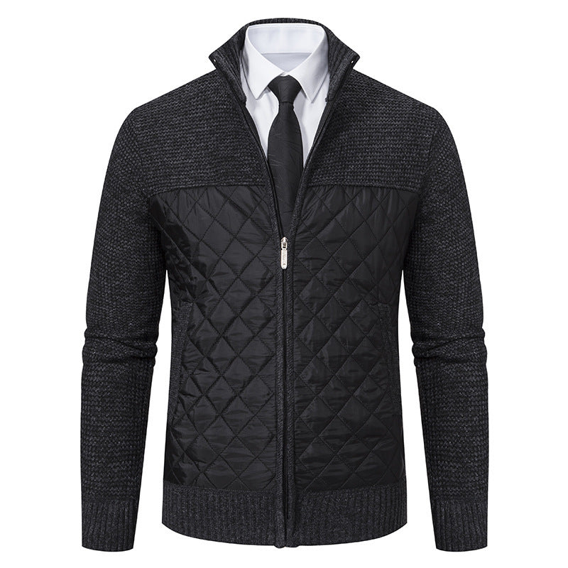 Men's hybrid knit jacket with quilted front panel, stand collar, and full zip Hudson & Parker