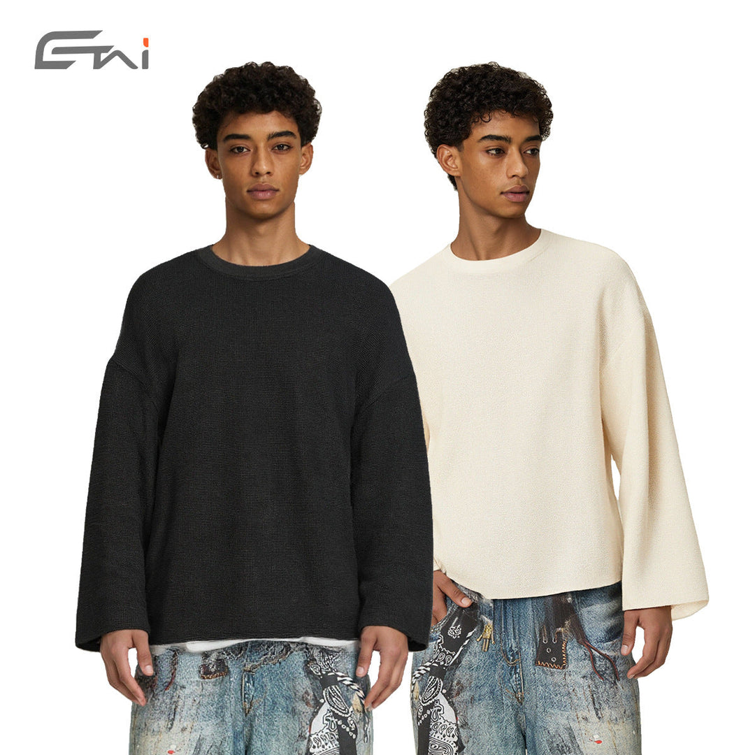 Men's Boxy Waffle Knit Sweater with Oversized Cut and Round Neck Hudson & Parker
