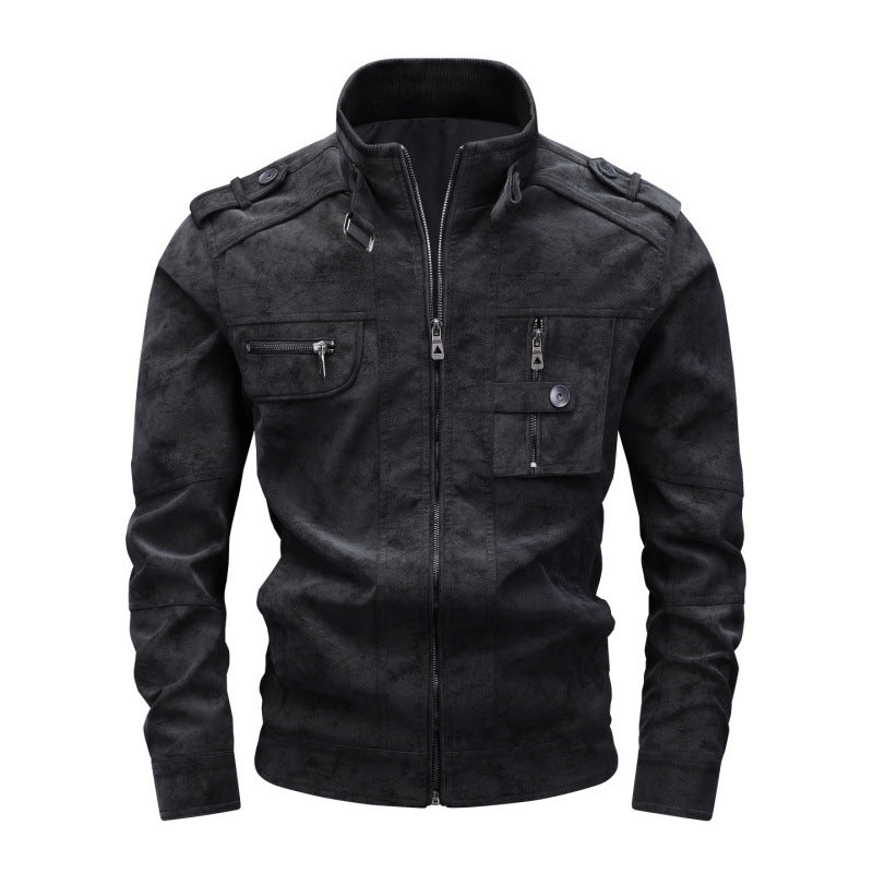 Men's utility faux leather jacket with stand-up collar, shoulder flaps, and multiple chest pockets Hudson & Parker