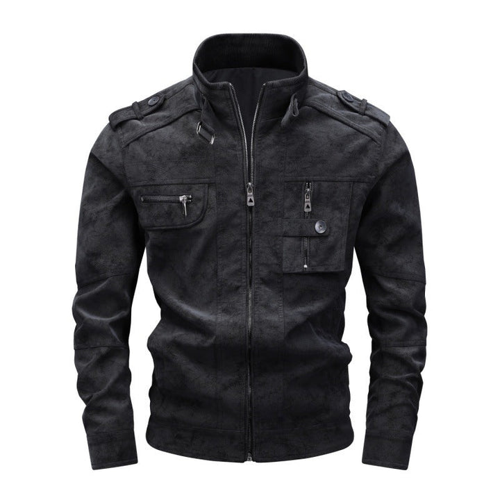 Men's utility faux leather jacket with stand-up collar, shoulder flaps, and multiple chest pockets Hudson & Parker