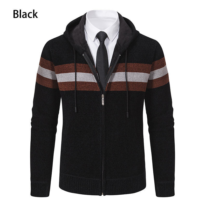 Men's hooded sweater jacket with full zip, contrast stripes, and side pockets Hudson & Parker