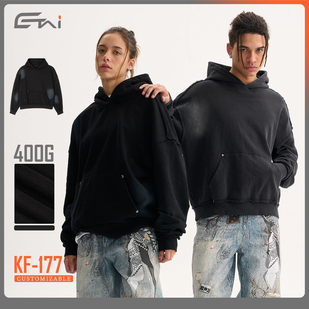 Men's Boxy Hoodie with Frayed Hem, Studded Kangaroo Pocket and Worn Spot Effect Hudson & Parker