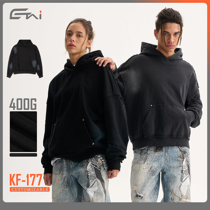 Men's Boxy Hoodie with Frayed Hem, Studded Kangaroo Pocket and Worn Spot Effect Hudson & Parker