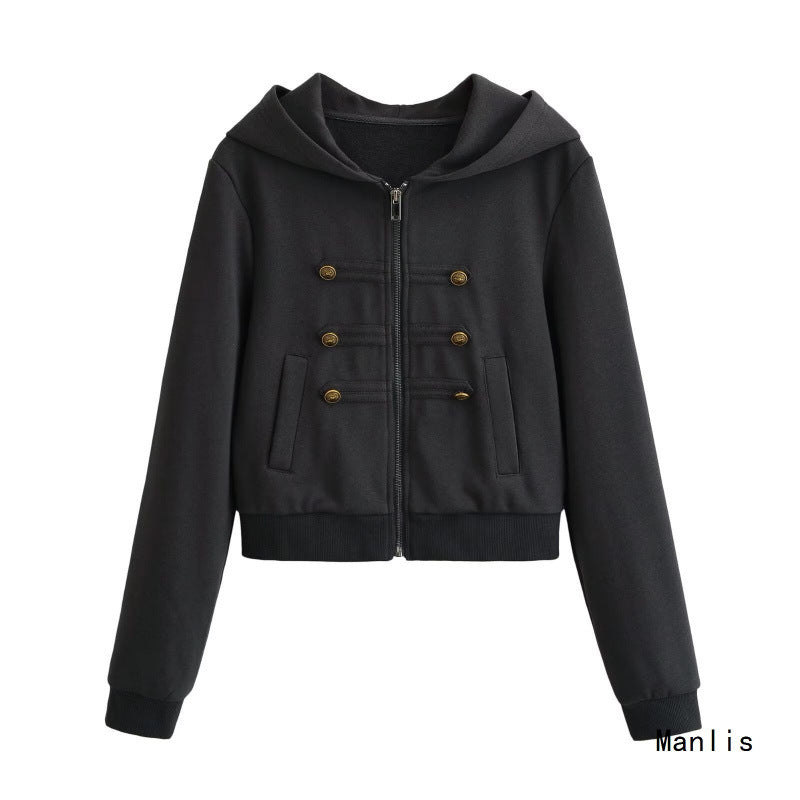 Women's Cropped Hooded Blouson in Military Look with Decorative Button Placket and Ribbed Hem Hudson & Parker