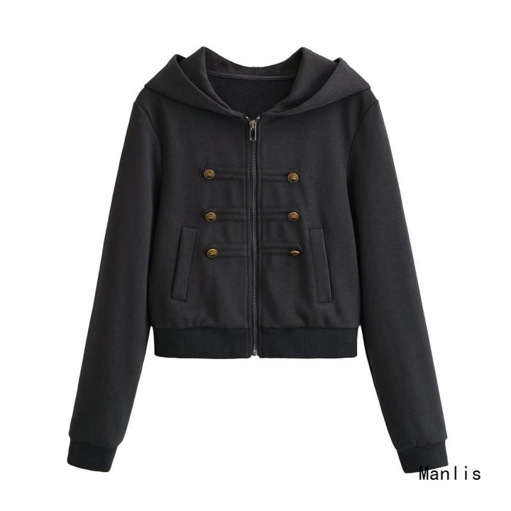 Women's Cropped Hooded Blouson in Military Look with Decorative Button Placket and Ribbed Hem Hudson & Parker