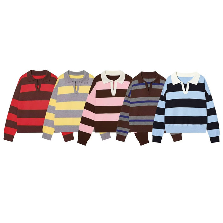 Women Oversize Cropped Rugby Sweater with Polo Collar and V-Neck Hudson & Parker
