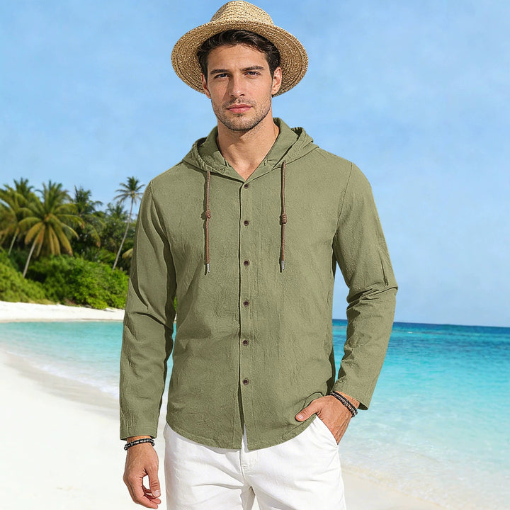 Men's textured linen blend hooded shirt with button placket, wood buttons, and side slits Hudson & Parker