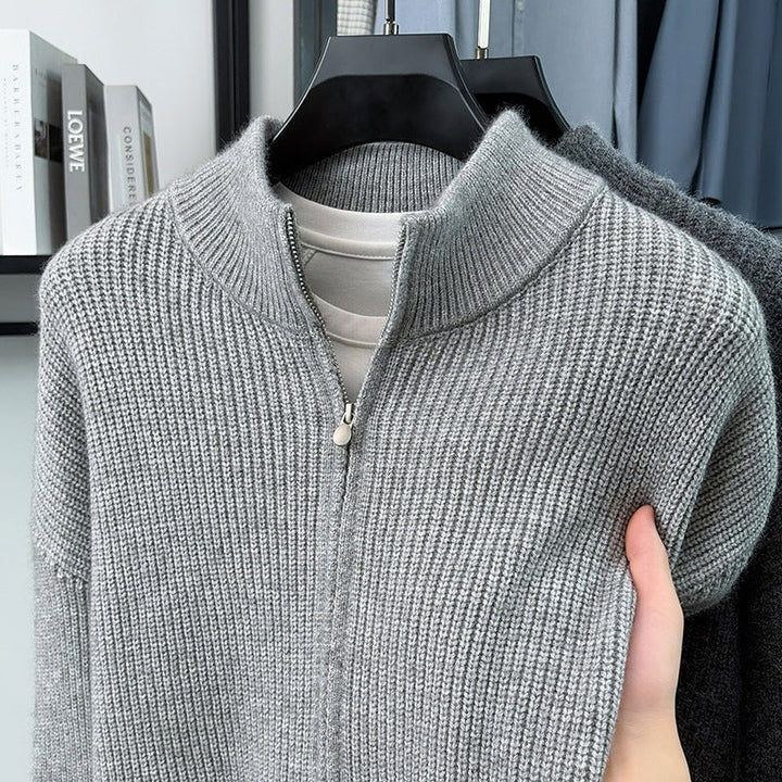 Men's Cozy Zip Sweater made of Mohair Blend with Fine Rib Structure and Stand-Up Collar Hudson & Parker