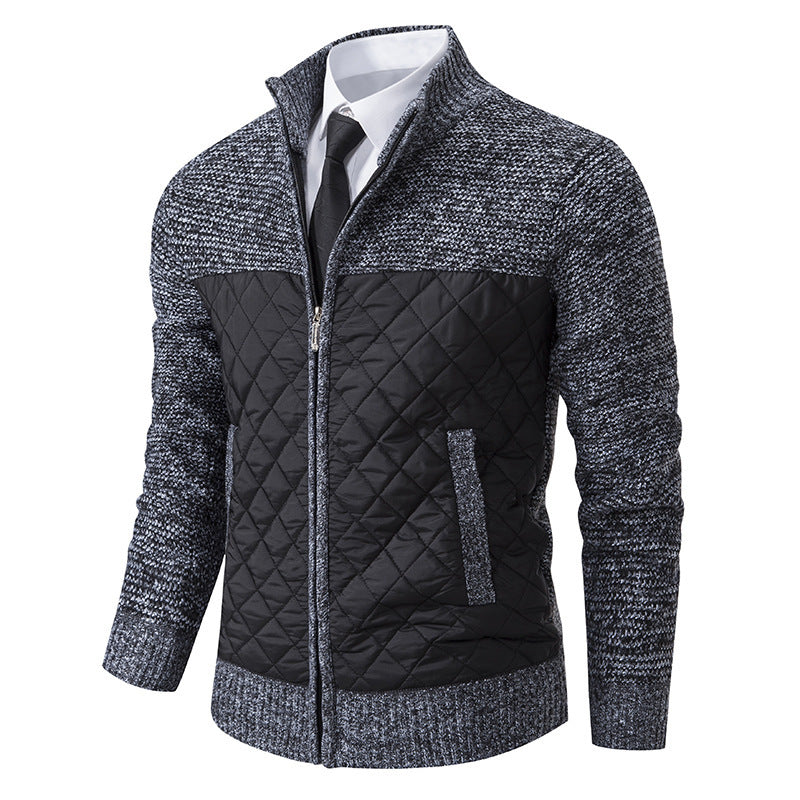Men's hybrid knit jacket with quilted front panel, stand collar, and full zip Hudson & Parker
