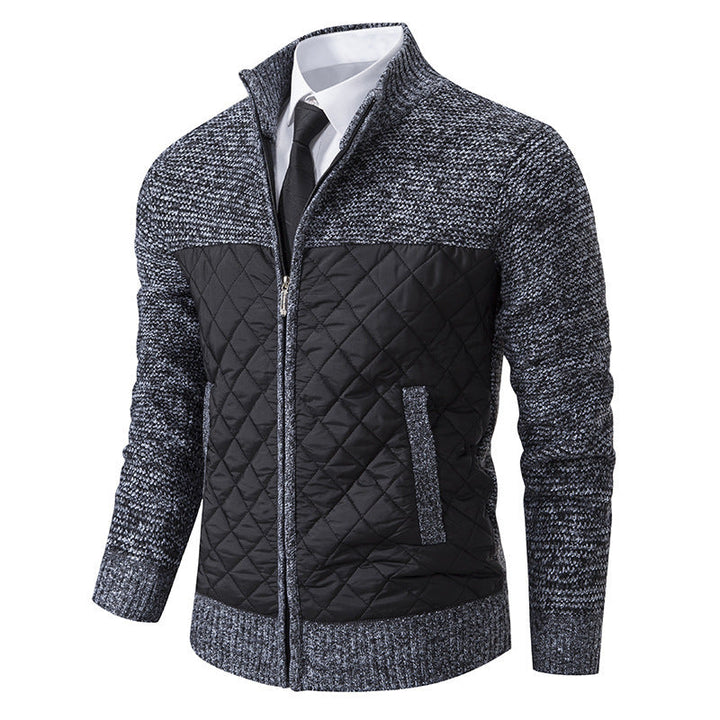 Men's hybrid knit jacket with quilted front panel, stand collar, and full zip Hudson & Parker