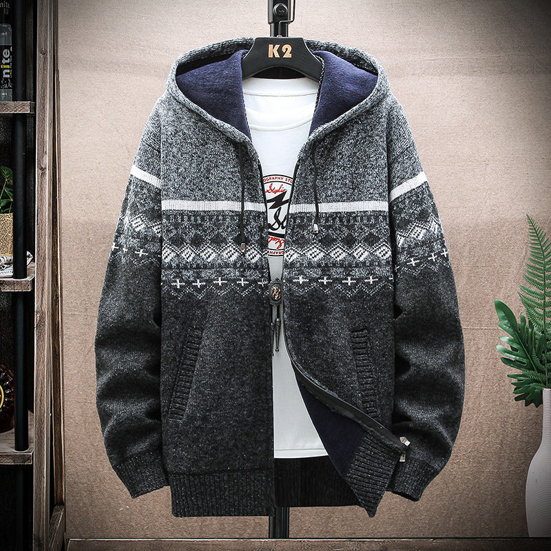 Men's Hooded Knitted Zip Jacket with Norwegian Jacquard and Soft Lining Hudson & Parker