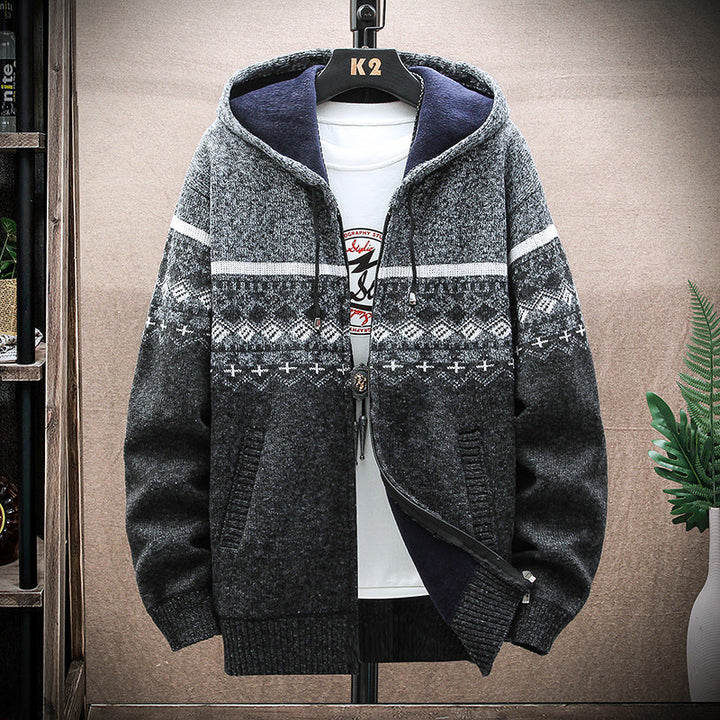 Men's Hooded Knitted Zip Jacket with Norwegian Jacquard and Soft Lining Hudson & Parker