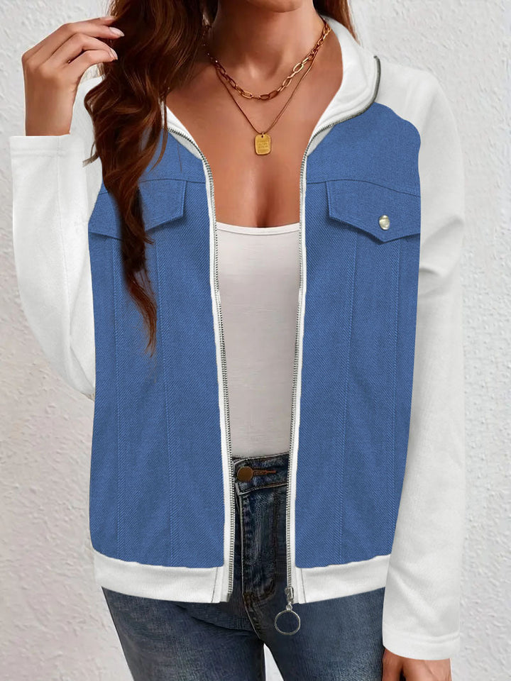Women's Hooded Sweat Jacket with Denim Look Front, Chest Pockets and Zipper Hudson & Parker Fashion
