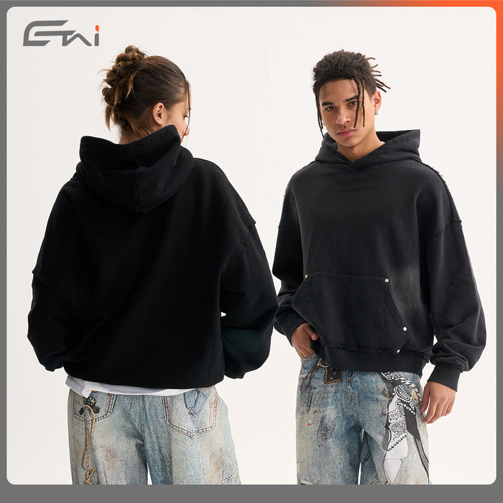 Men's Boxy Hoodie with Frayed Hem, Studded Kangaroo Pocket and Worn Spot Effect Hudson & Parker