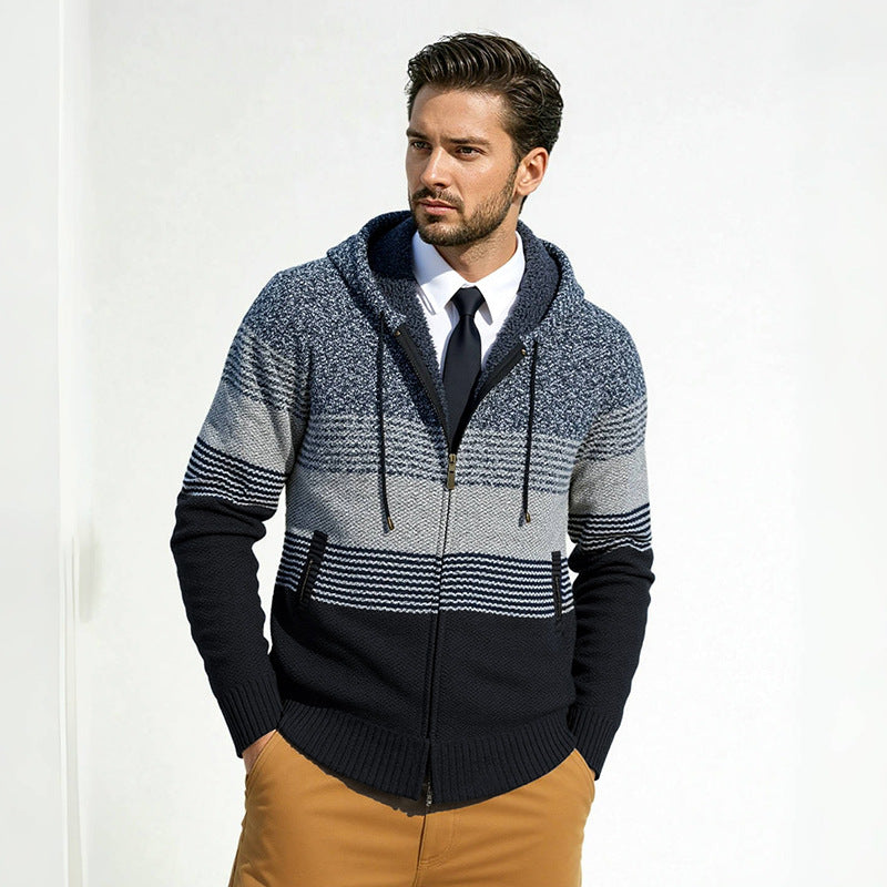 Men's hooded knit zip jacket with gradient block stripe pattern and thermal structure Hudson & Parker