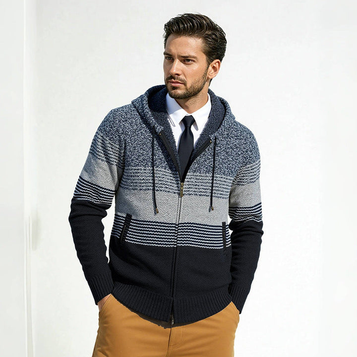 Men's hooded knit zip jacket with gradient block stripe pattern and thermal structure Hudson & Parker
