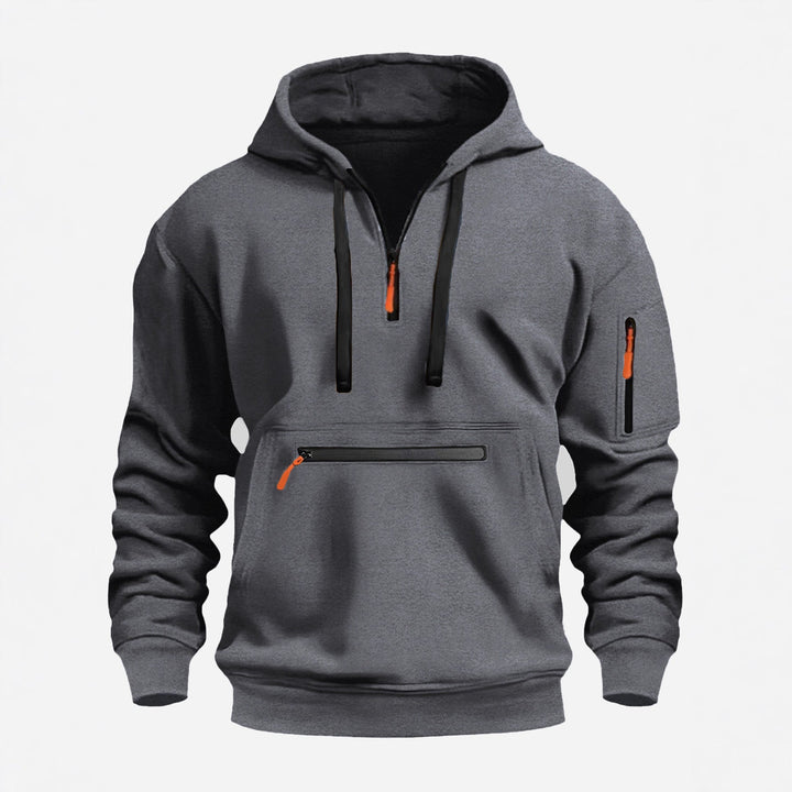 Men's hoodie with half zip, kangaroo pocket and hidden zippers Hudson & Parker