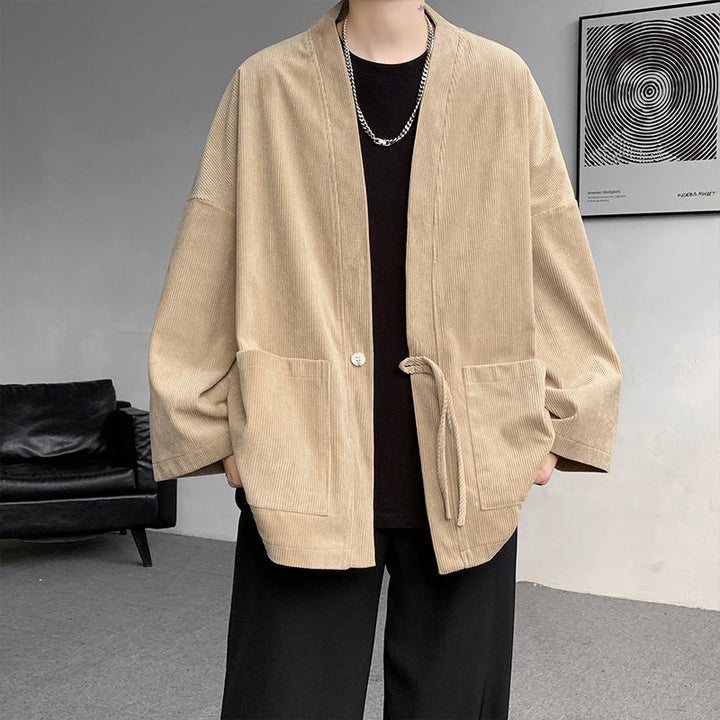 Men's oversized cord kimono cardigan with drawstring, patch pockets and drop sleeves Hudson & Parker