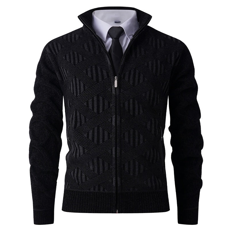 Men's Geometric Jacquard Zip Cardigan with Stand-Up Collar and Zipper Pockets Hudson & Parker
