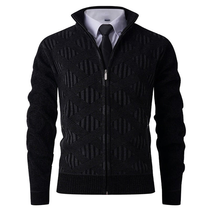 Men's Geometric Jacquard Zip Cardigan with Stand-Up Collar and Zipper Pockets Hudson & Parker
