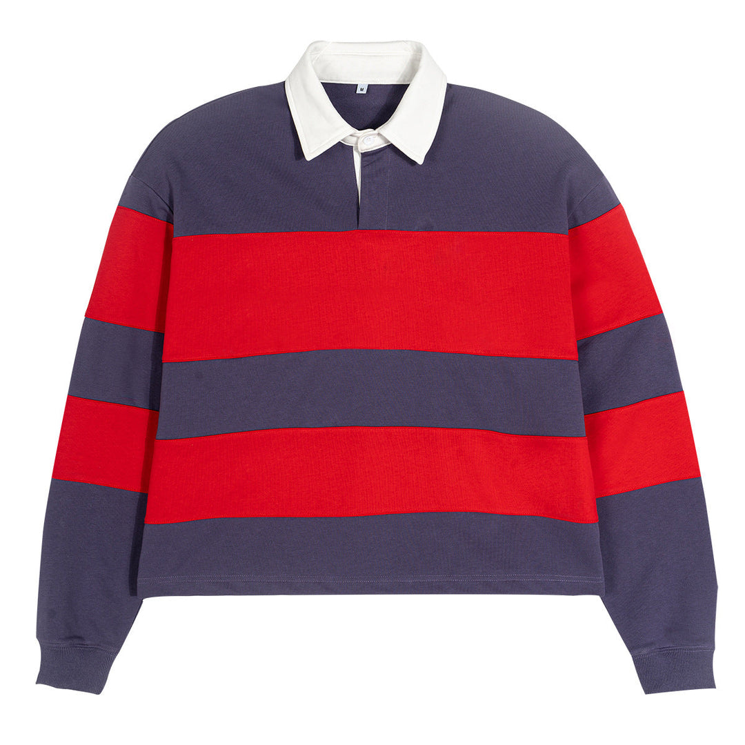Men Striped Rugby Polo Sweatshirt with Contrast Collar and Oversized Fit Hudson & Parker