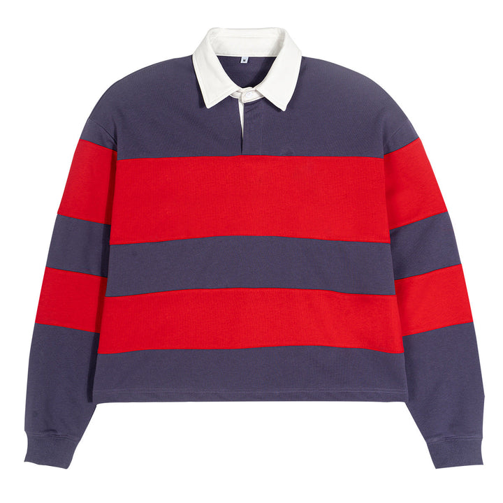 Men Striped Rugby Polo Sweatshirt with Contrast Collar and Oversized Fit Hudson & Parker