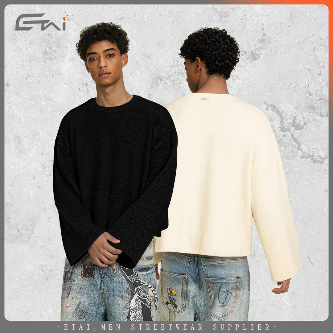 Men's Boxy Waffle Knit Sweater with Oversized Cut and Round Neck Hudson & Parker