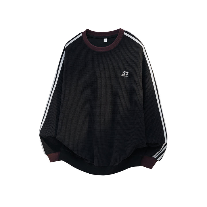 Unisex Oversized Sweatshirt with Waffle Structure, Contrast Stripes on Sleeves and Ribbed Cuffs Hudson & Parker