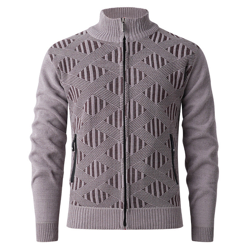 Men's Geometric Jacquard Zip Cardigan with Stand-Up Collar and Zipper Pockets Hudson & Parker