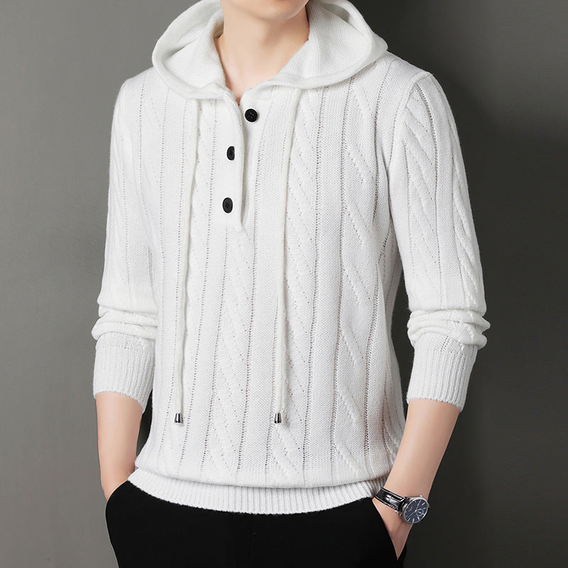 Men's fine knit hoodie with cable pattern, half placket and drawstring Hudson & Parker